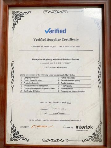 Certificate certificate from Zhongshan Xinyihong Metal Craft Products Factory