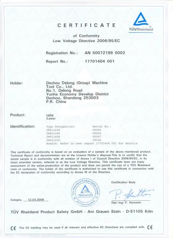 CW61140D CW62140D CW61160D CW62160D CE CERTIFICATE-LOW VILTAGE DIRECTIVE certificate from DEZHOU PRECION MACHINE TOOL CO., LTD.