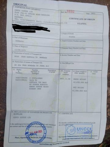CERTIFICATE OF ORIGIN certificate from CENTS COFFEE LTD