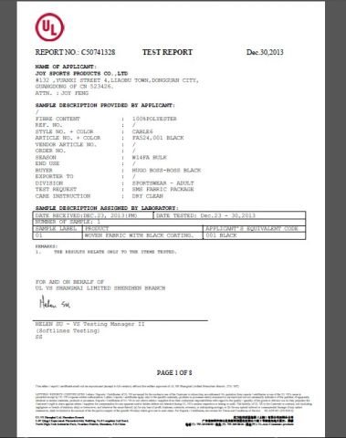 HB bulk test report certificate from Dongguan Joy Sports Co., Ltd.