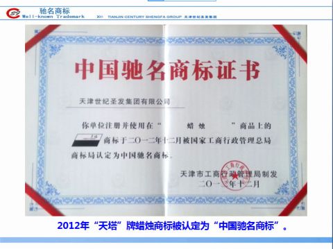 Agreement on China's Well-known Tradenark certificate from Tianjin Shengfa Candle Co., Ltd