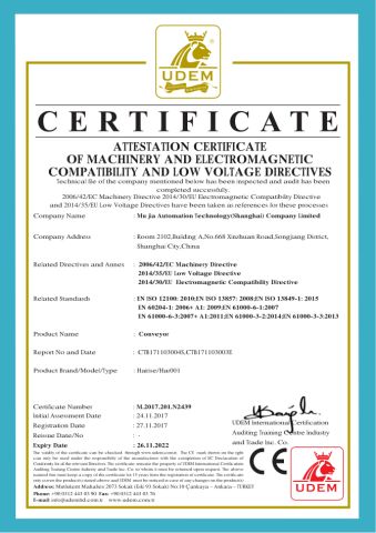 CE Certificates certificate from Mujia Automation Technology (Shanghai) Company Limited