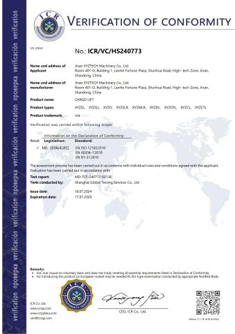 EN81-31 certificate from Jinan Xyztech Machinery Co., Ltd