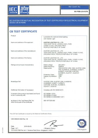 CB certificate from Yuyao Austar Lighting Co., Ltd.