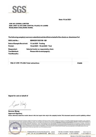 SGS Certificate certificate from QINGDAO JUN AO ALUMINIUM CO., LTD.