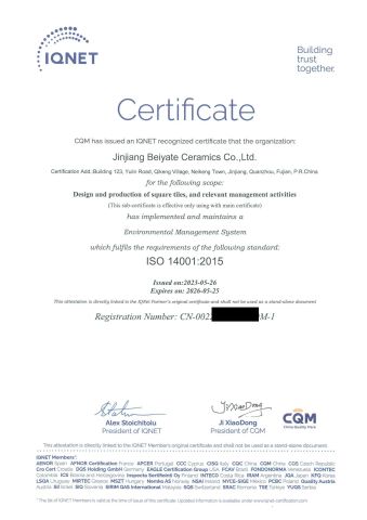 ISO 14001 certificate from Beata Ceramics Co., Ltd.