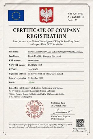 EEC certificate from Red Oak Capital Spolka ZOO