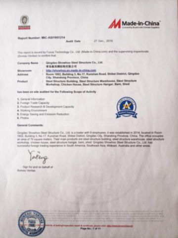 Suppier Certification certificate from Qingdao Showhoo Steel Structure Co., Ltd.