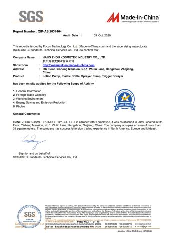 SGS Certificate certificate of HANG ZHOU KOSMETEK INDUSTRY CO., LTD. – certificate photo, supplier certificates section