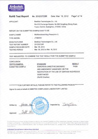 Rohs Test Report certificate of BestSub Technologies Co Limited – certificate photo, supplier certificates section