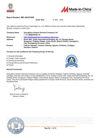BV 1 certificate from Guangzhou Knitwinner Garment Company Ltd