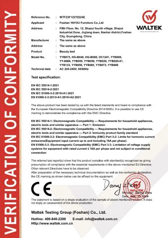 Massage Bed CE Certificate certificate from Foshan Yayou Furniture Co., Ltd.