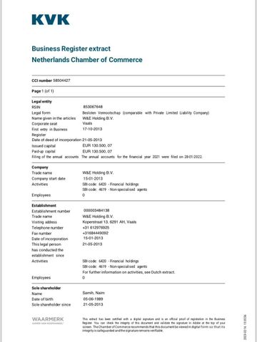 vat GST TAX certificate from W&E HOLDING BV