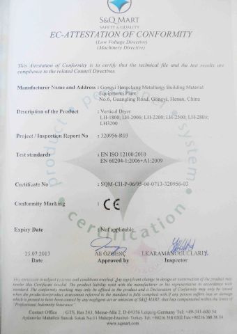 CE Certificate of vertical dryer vertical coal briquettes dryer certificate from Gongyi Hengchang Metallurgical Building Material Equipments Plant