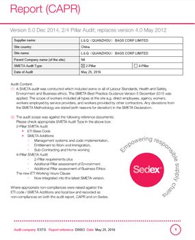 SEDEX REPORT certificate from LITAI(QUANZHOU)BAGS CORP., LIMITED