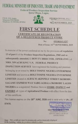 Federal Produce Inspection Certificate  certificate from HOLUTOSINE NIGERIA ENTERPRISES LIMITED 
