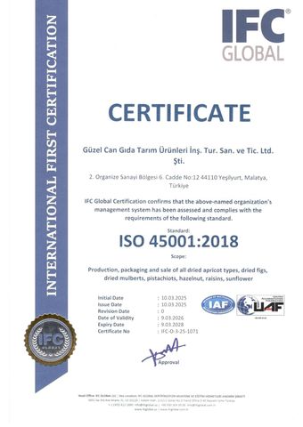 ISO 45001 CERTIFICATE certificate from GUZEL CAN GIDA TARIM URUNLERI INS.TUR.SAN.TIC.VE.LTD.STI