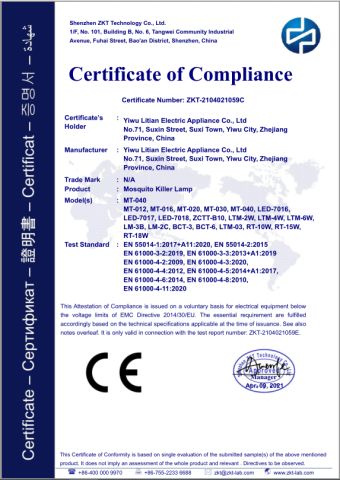 CE certificate of mosquito killer lamp certificate from YIWU LITIAN ELECTRICAL APPLIANCE CO., LTD.