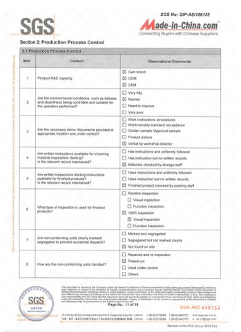 Production Process Control certificate of Qingdao Hvsun Industry Co., Ltd. – certificate photo, supplier certificates section