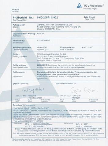 RoHS certificate of Wenzhou Jason Fan Manufacturer Co., Ltd. – certificate photo, supplier certificates section