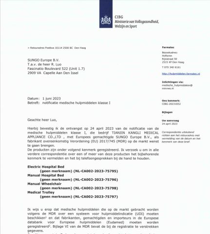 CE Registration letter certificate of TIANJIN KANGLI MEDICAL APPLIANCE CO., LTD – certificate photo, supplier certificates section