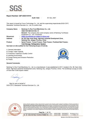 SGS certificate of YURNFREEZE EQUIPMENT CO., LTD. – certificate photo, supplier certificates section