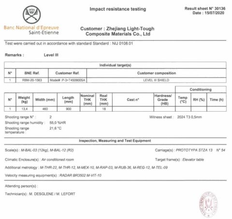 Shield Test certificate from Zhejiang Light-Tough Composite Materials Co., Ltd.