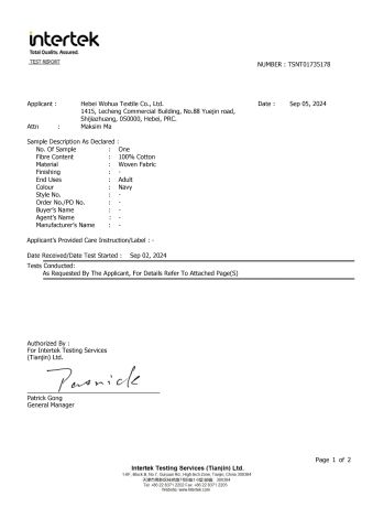 Intertek certificate from Hebei Wohua Textile Co., Ltd.