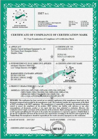 Car lift CE certificate certificate from QINGDAO CHERISH PARKING EQUIPMENT CO., LTD