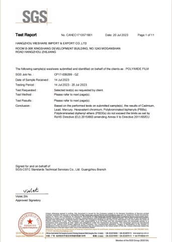 PI Film certificate from Hangzhou Weshare Import and Export Co., Ltd.