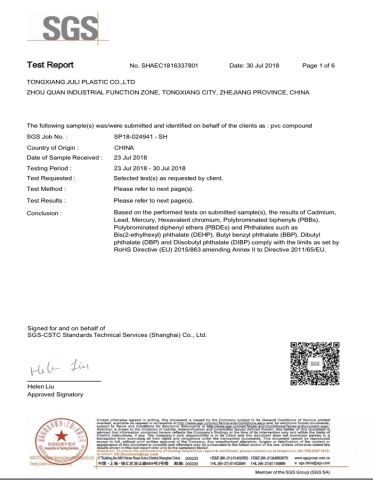 SGS certificate from Tongxiang Juli Plastic Co., Ltd.
