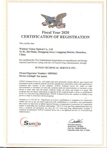 CERTIFICATION OF REGISTRATION certificate of Wisdom Vision Optical Co., Ltd – certificate photo, supplier certificates section