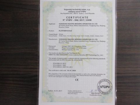 CE certificate of Yongkang Huaying Weighing Apparatus Co., Ltd. – certificate photo, supplier certificates section
