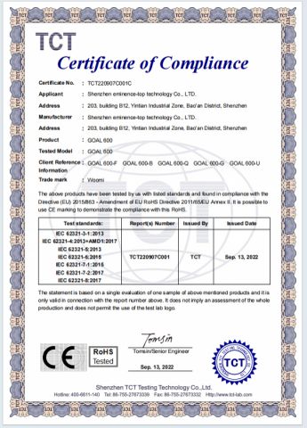 CE/RoHs certificate from Shenzhen Eminence-Top Technology Co., Ltd.