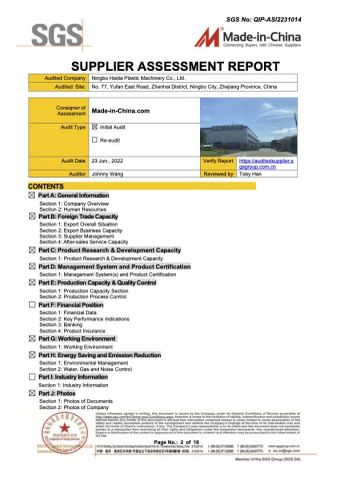 SUPPLIER ASSESSMENT REPORT certificate from Ningbo Haida Plastic Machinery Co., Ltd.