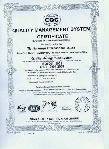 Quality Management System Certificate certificate from Tianjin Kunyu International Co., Ltd.