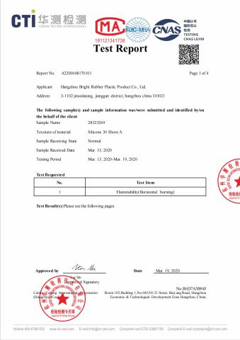 30 Shore a silicone UL94 HB certificate from Hangzhou Bright Rubber Plastic Product Co., Ltd.
