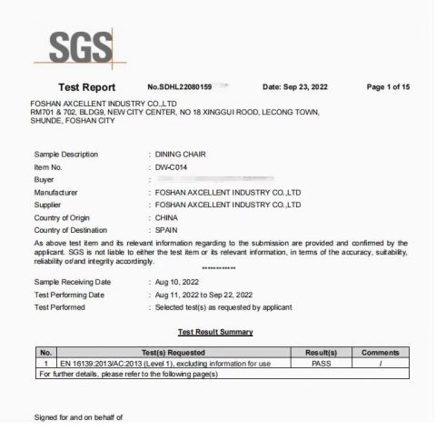 Product Inspection Report certificate from Foshan Axcellent Industry Co., Ltd.