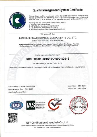 ISO9001 certificate from Jiangsu Erma Hydraulic Components Co., Ltd