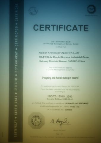 TUV certificate certificate from Xiamen Crownway Apparel Co., Ltd.