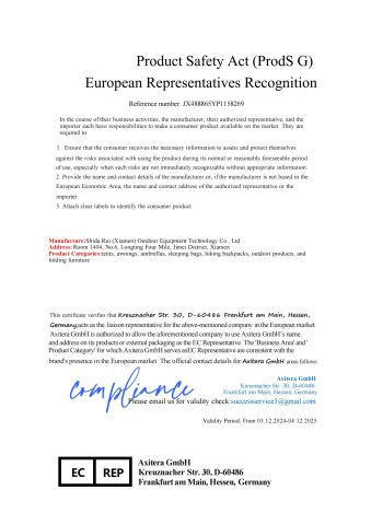European Union agency certificate from Starry (Xiamen) Outdoor Equipment Technology Co., Ltd.