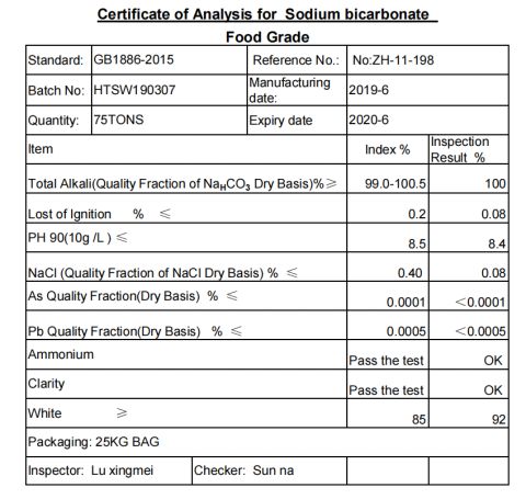 COA-BAKING SODA certificate of FONDLAND CHEMICALS CO., LTD. – certificate photo, supplier certificates section