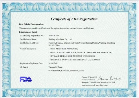 Certificate of FDA certificate from Weifang Alice Food Co., Ltd.