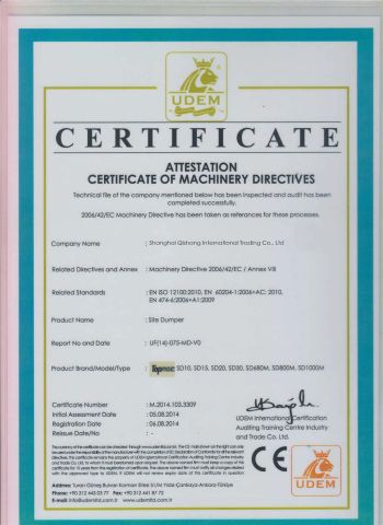 Site Dumper certificate of Shanghai Super-Above Industry Holdings Co., Ltd. – certificate photo, supplier certificates section