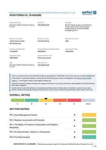 BSCI certificate from Shenzhen Gloffie Outdoor Products Co., Ltd