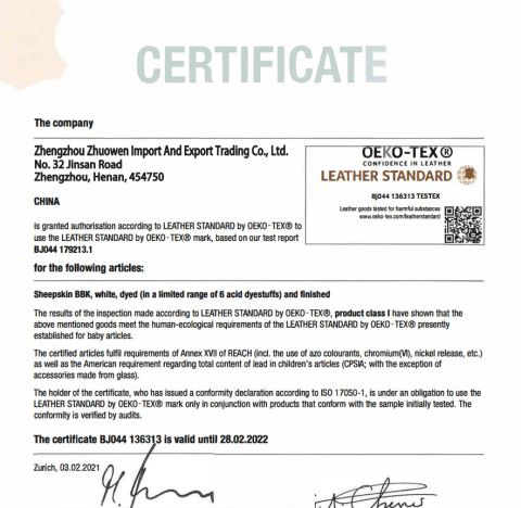 OEKO-TEX certificate from Zhengzhou Zhuowen Import and Export Trading Co., Ltd.