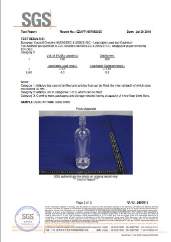 super filnt glass bottle certificate certificate from Xinjiang Huanghe Packing Co., Ltd.