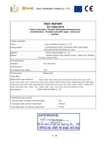 Test Report for the Speed Humps certificate from Taizhou Allroads Safety Co., Ltd.