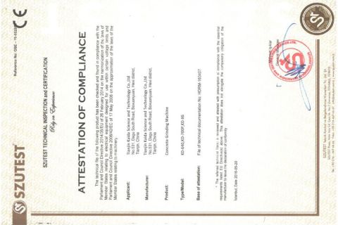 Concrete Griding Machine certificate from Tianjin Kaida Science and Technology Co., Ltd.