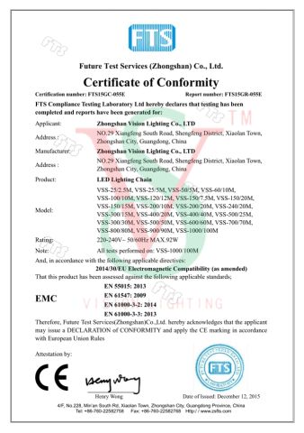 Christmas Lights CE Certifications EMC certificate of Zhongshan Vision Lighting Company – certificate photo, supplier certificates section